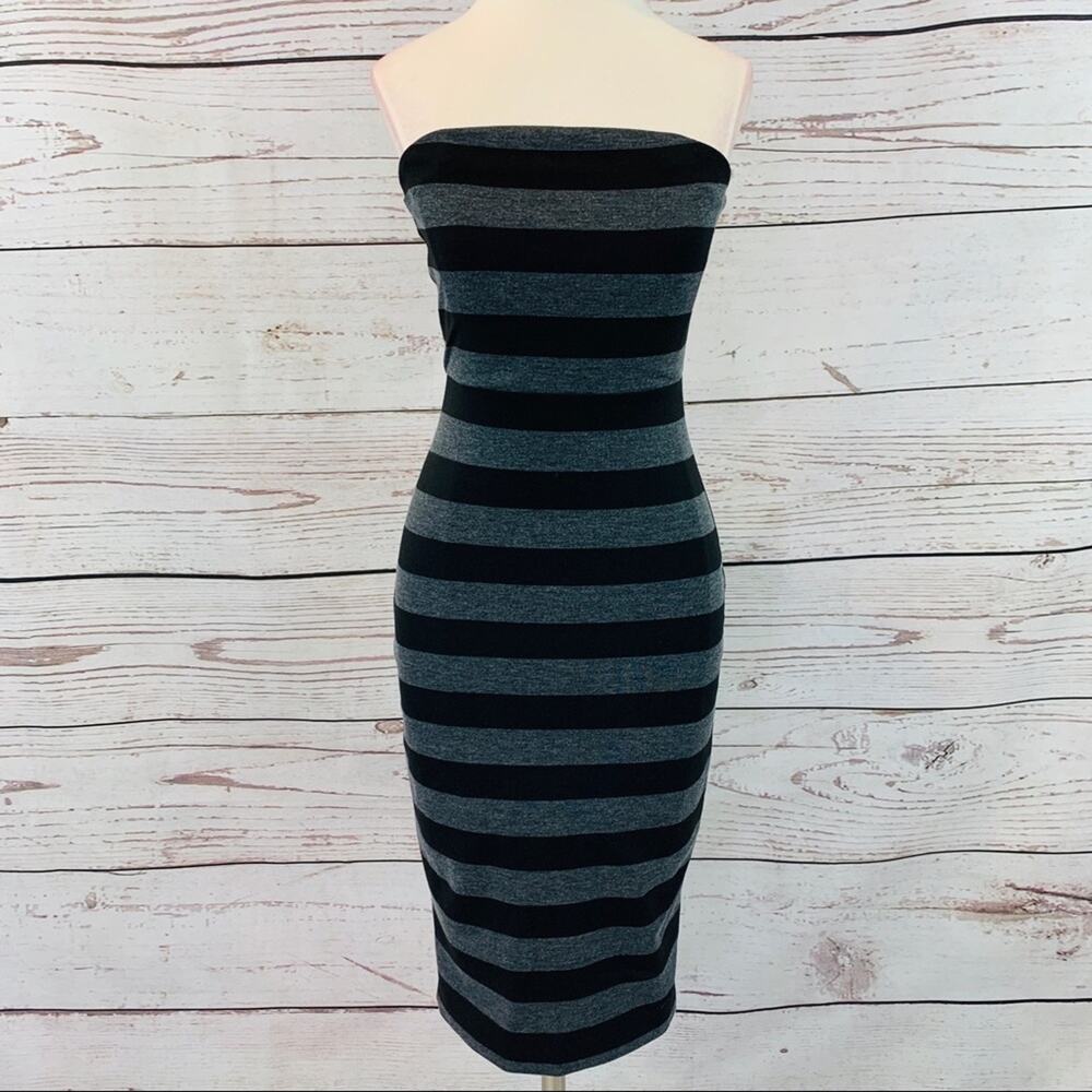 Express strapless striped grey black sheath